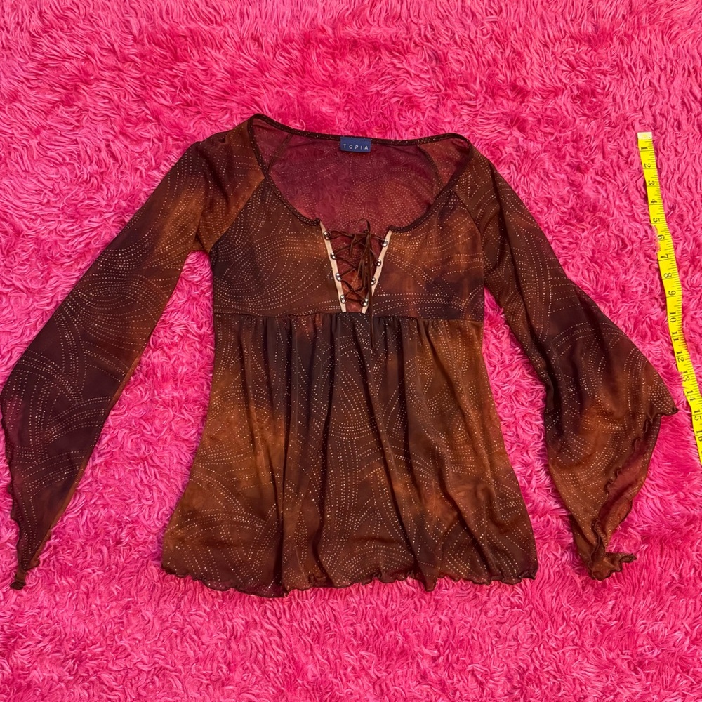 Topia Brown Sheer Lace-Up Blouse